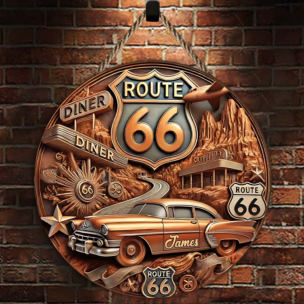Vintage Route 66 - Personalized Muscle Car Round Wood Sign