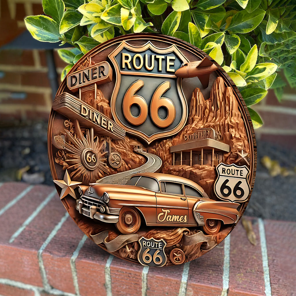 Vintage Route 66 - Personalized Muscle Car Round Wood Sign