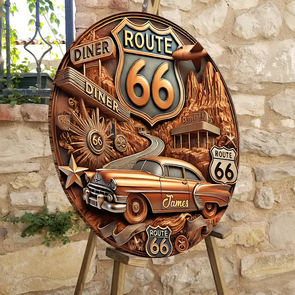 Vintage Route 66 - Personalized Muscle Car Round Wood Sign