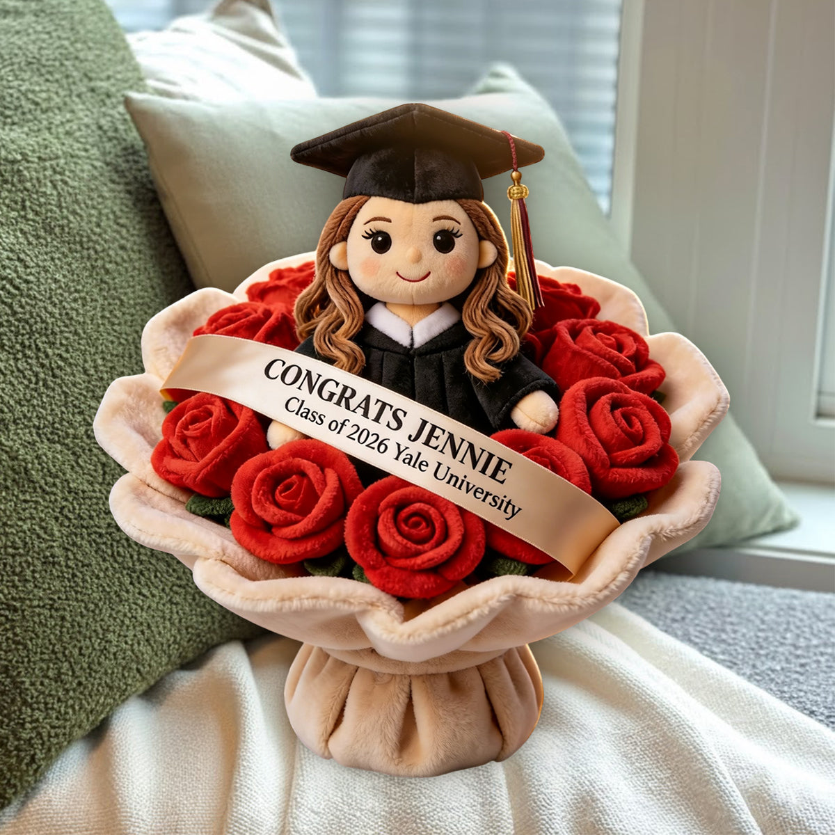 Graduation Plush Doll Bouquet - Personalized Graduation Premium Faux Fur Pillow