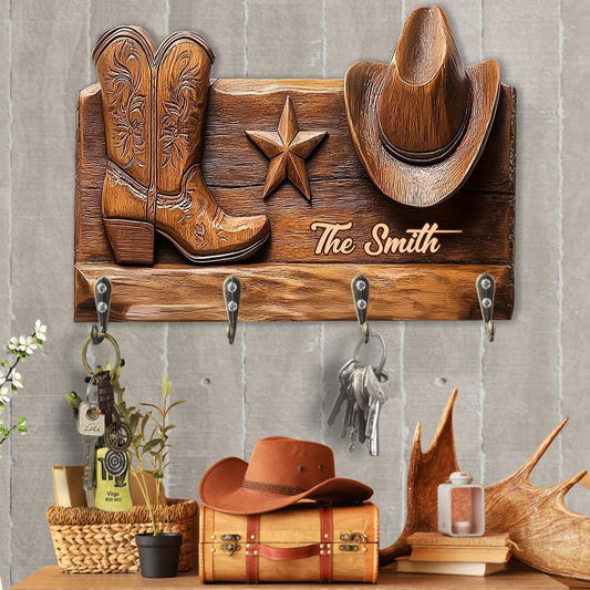 Rustic Cowgirl Hat & Boots - Personalized Cowgirl Custom Shaped Key Rack