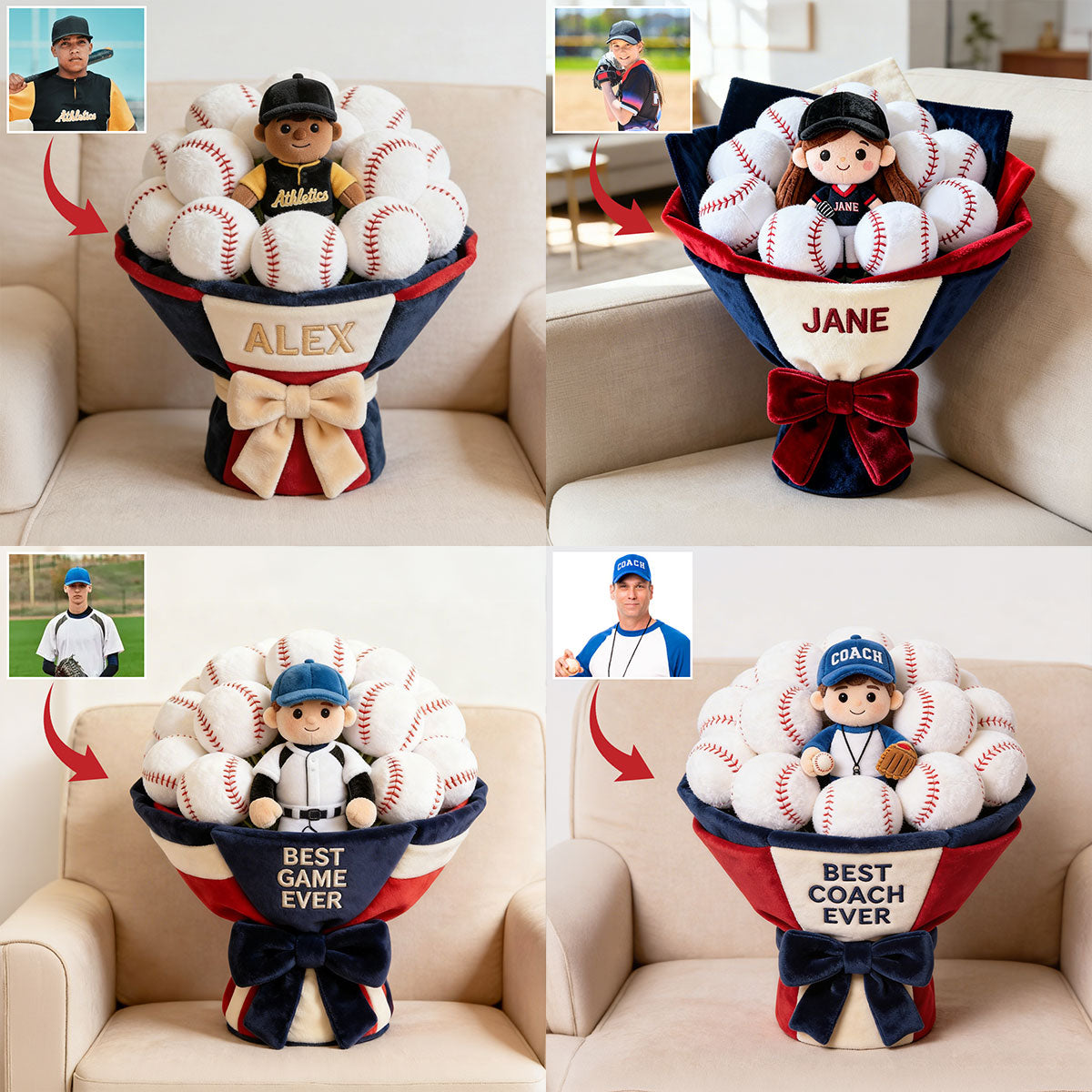 Custom Baseball Plush Bouquet - Personalized Baseball Premium Faux Fur Pillow