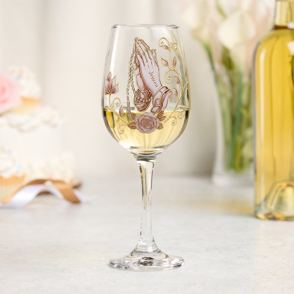 Mains en prière - Verre à vin chrétien personnalisé à longue tige