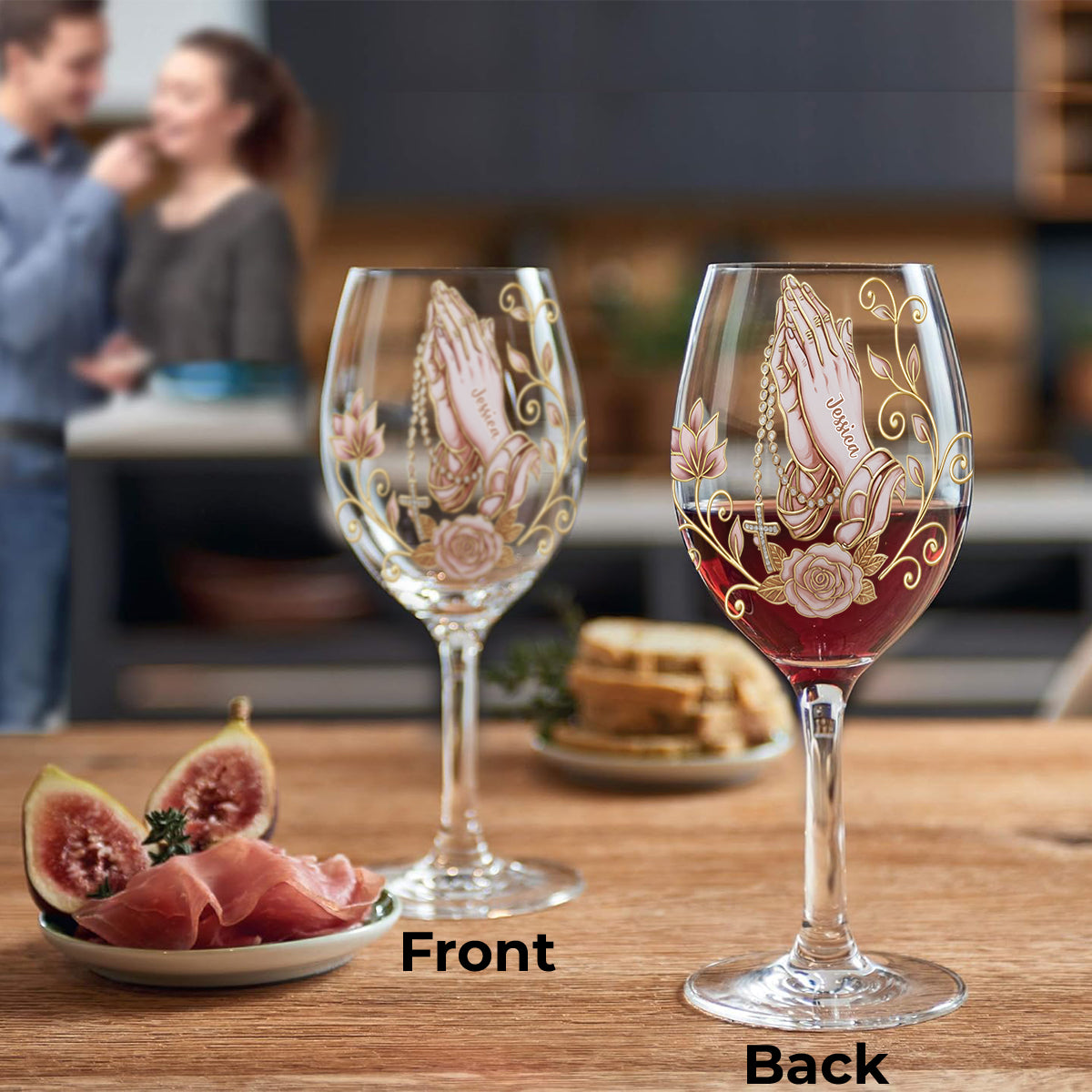 Mains en prière - Verre à vin chrétien personnalisé à longue tige