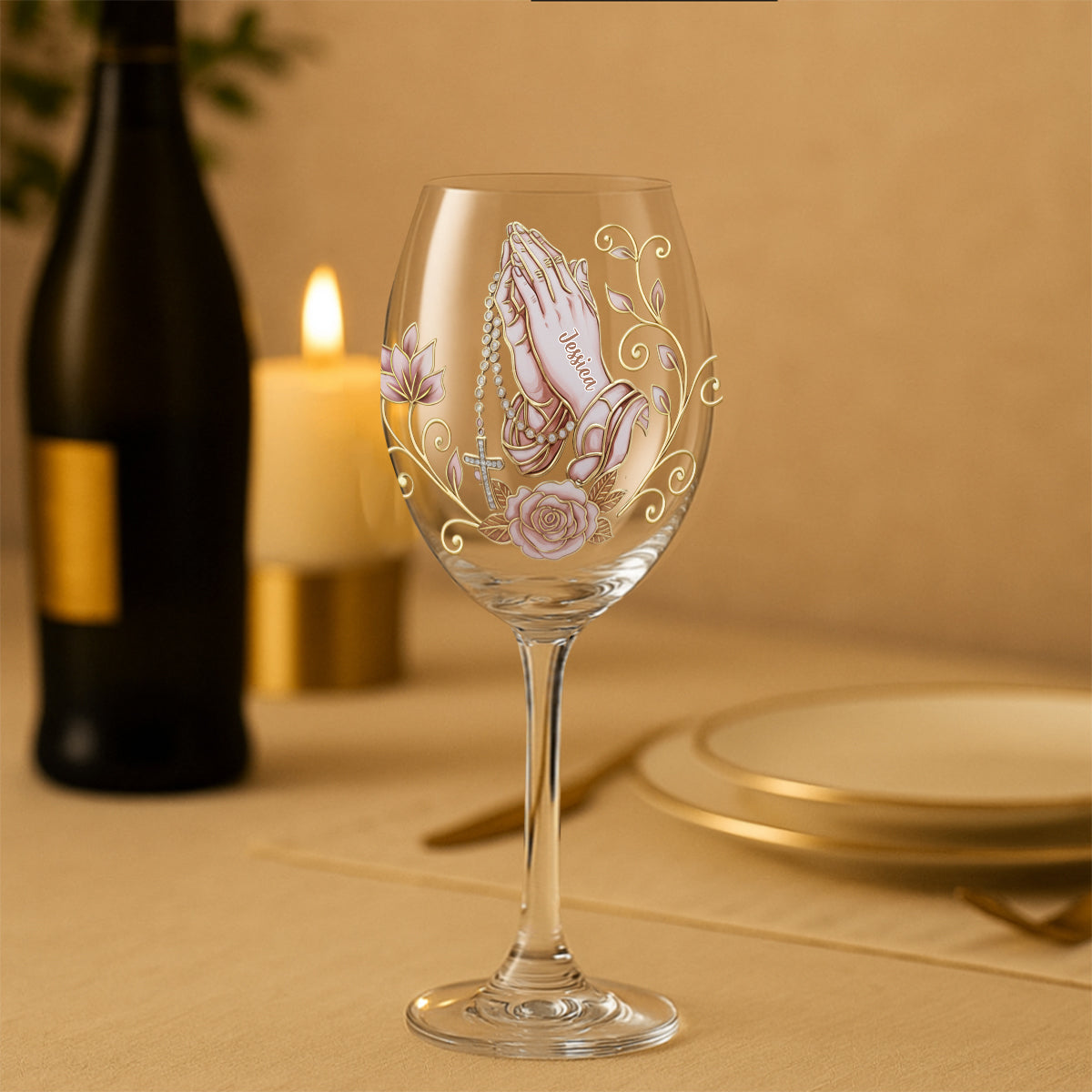 Mains en prière - Verre à vin chrétien personnalisé à longue tige