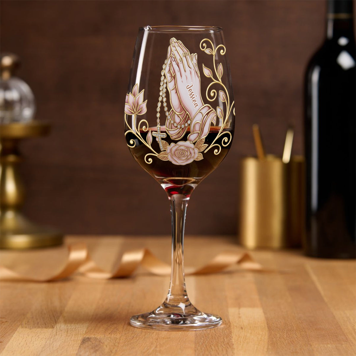 Mains en prière - Verre à vin chrétien personnalisé à longue tige