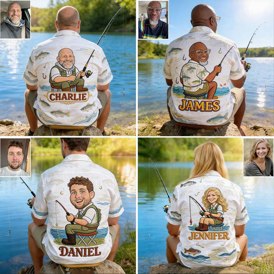 Funny Caricature Fishing Gift - Personalized Fishing Hawaiian Shirt