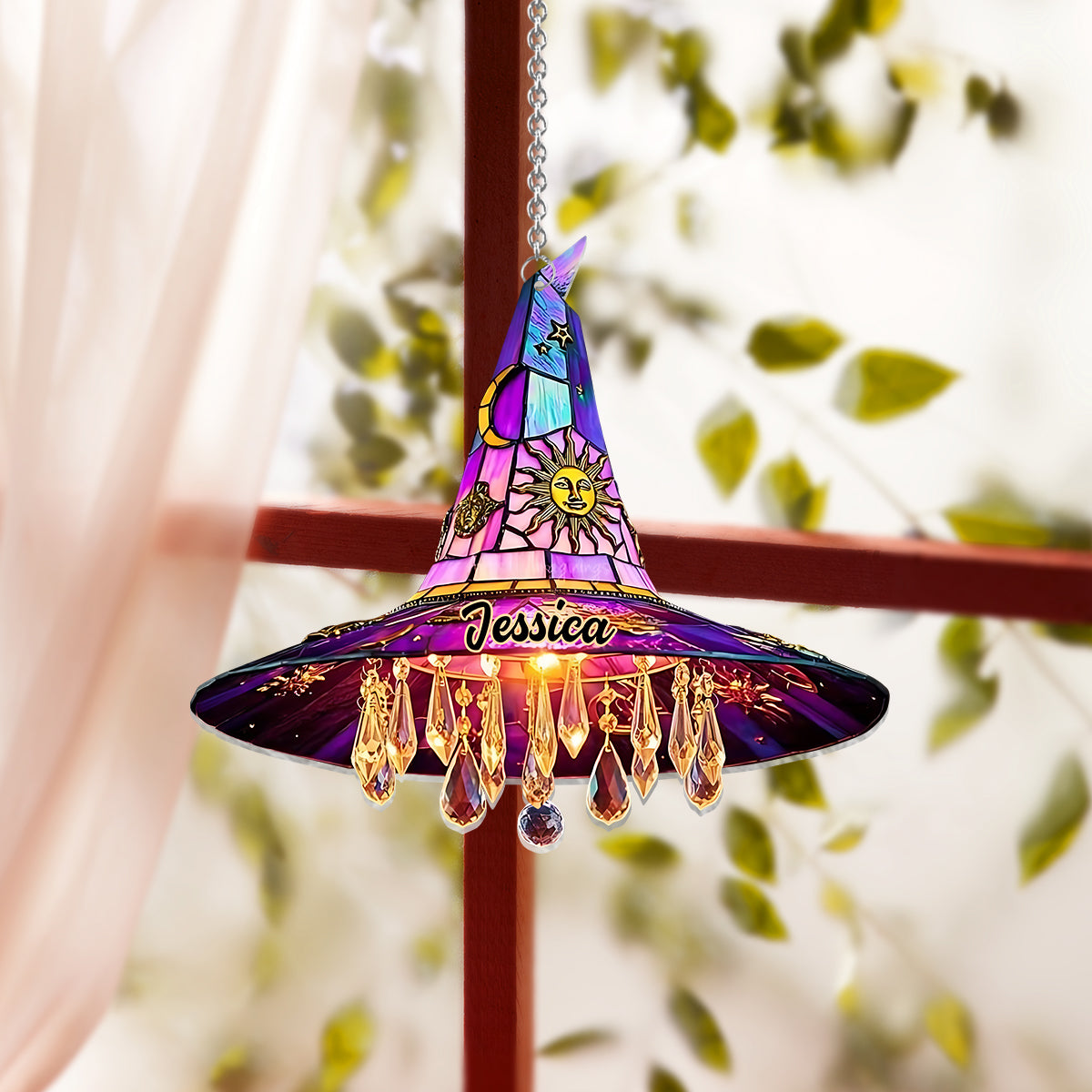 Chapeau de sorcière magnifique - Ornement attrape-soleil personnalisé à suspendre à la fenêtre