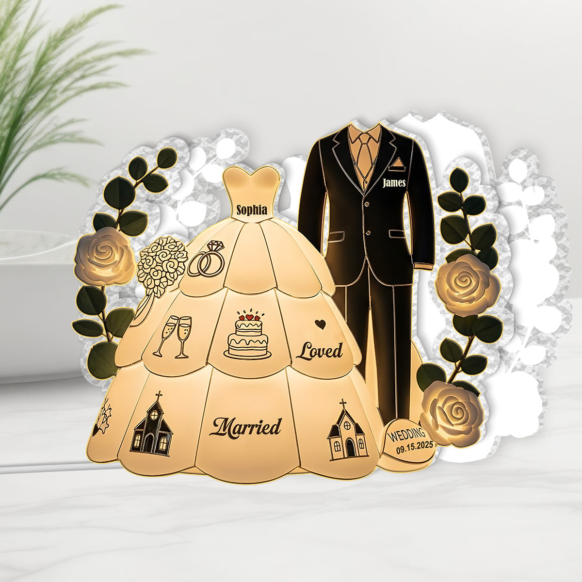 Veilleuse LED acrylique personnalisée pour couple - Joyeux mariage