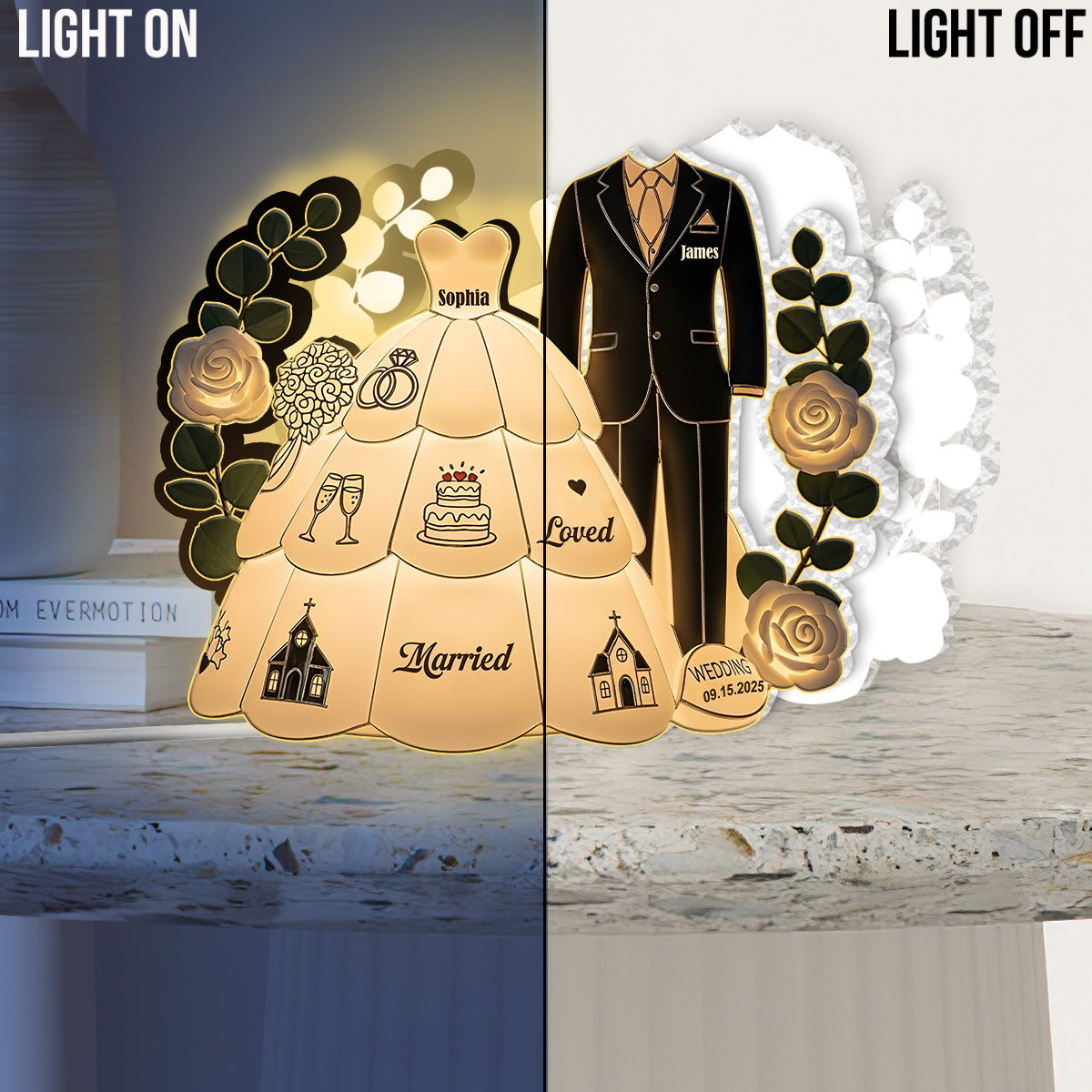 Veilleuse LED acrylique personnalisée pour couple - Joyeux mariage