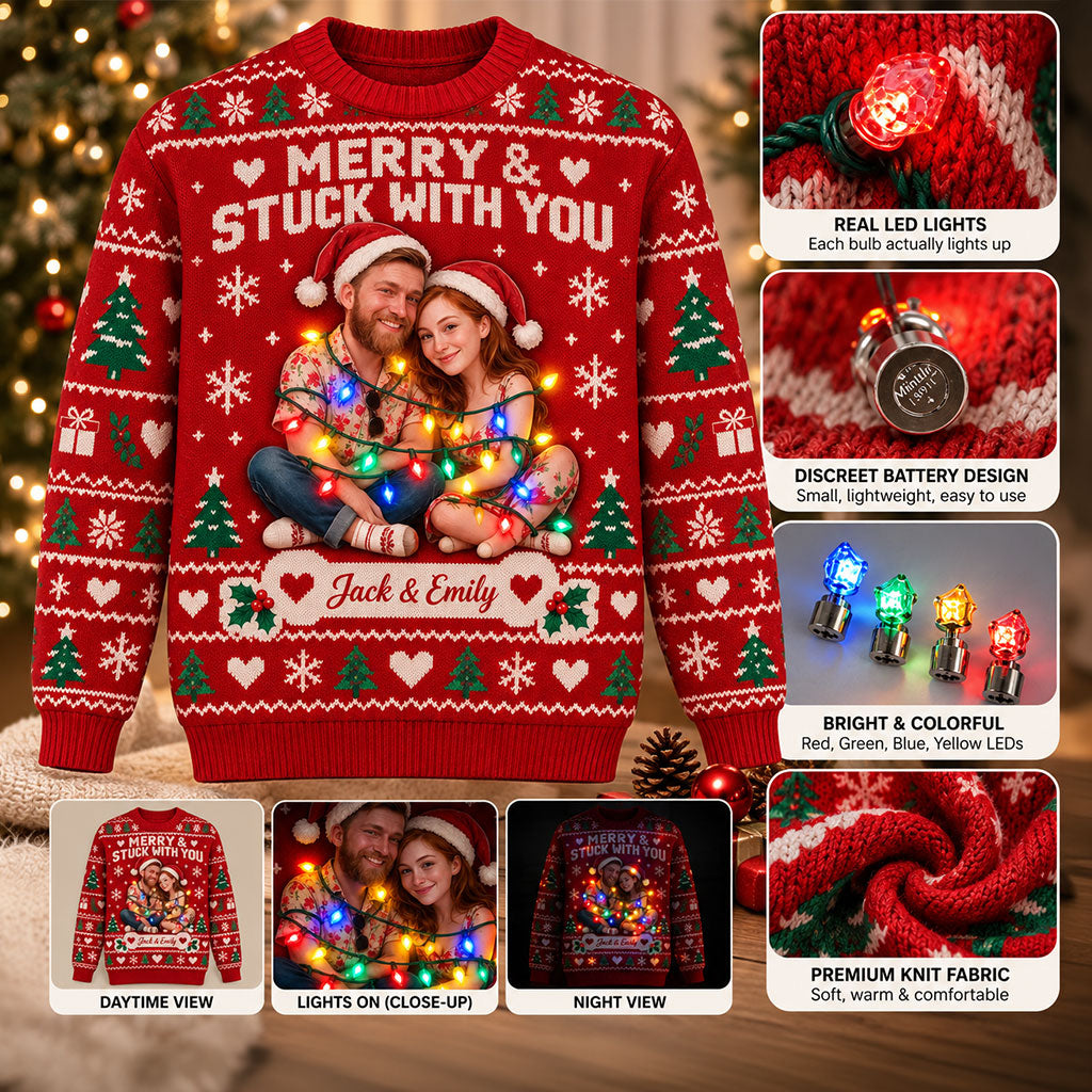 Merry & Stuck With You - Personalized Couple Light Up Sweater