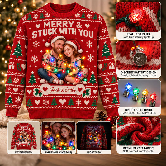 Merry & Stuck With You - Personalized Couple Light Up Sweater
