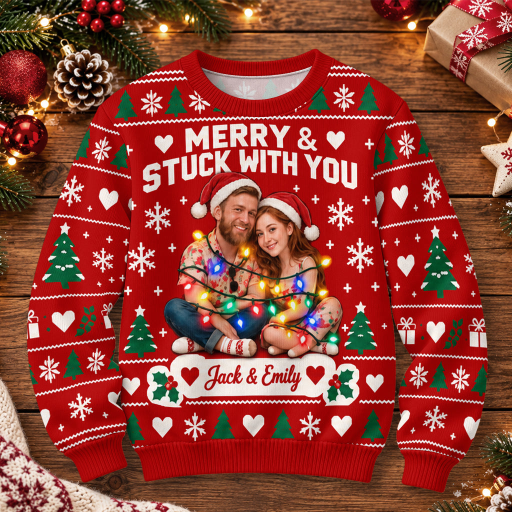 Merry & Stuck With You - Personalized Couple Light Up Sweater