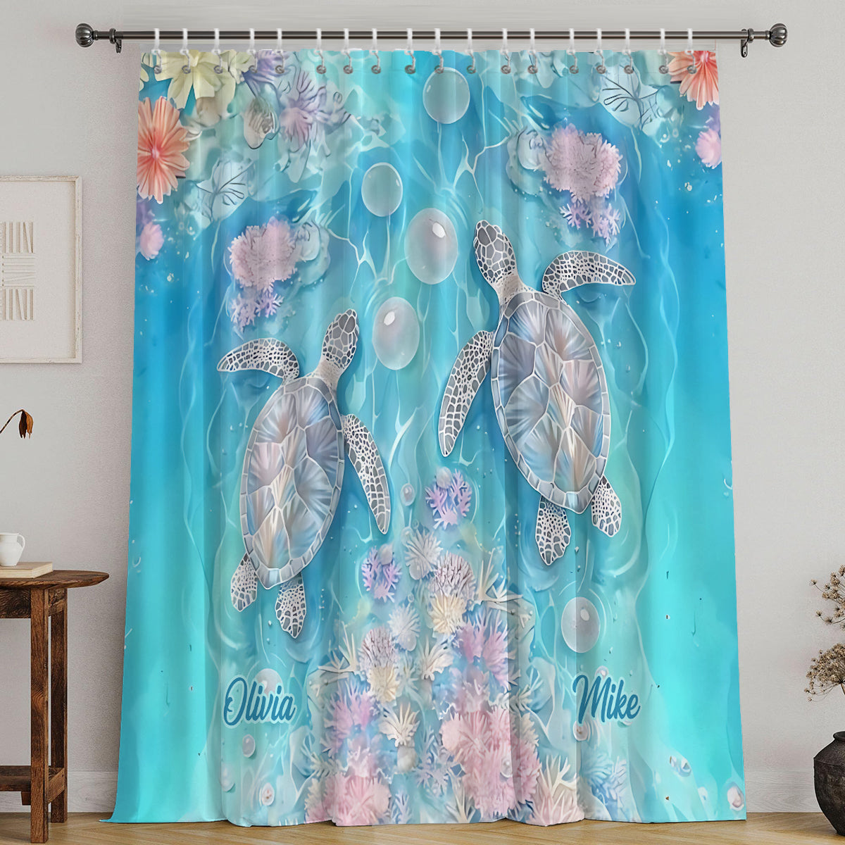 Vibrant Sea Turtle & Coral Reef - Personalized Turtle Blackout Window Curtain/ Drapes Set
