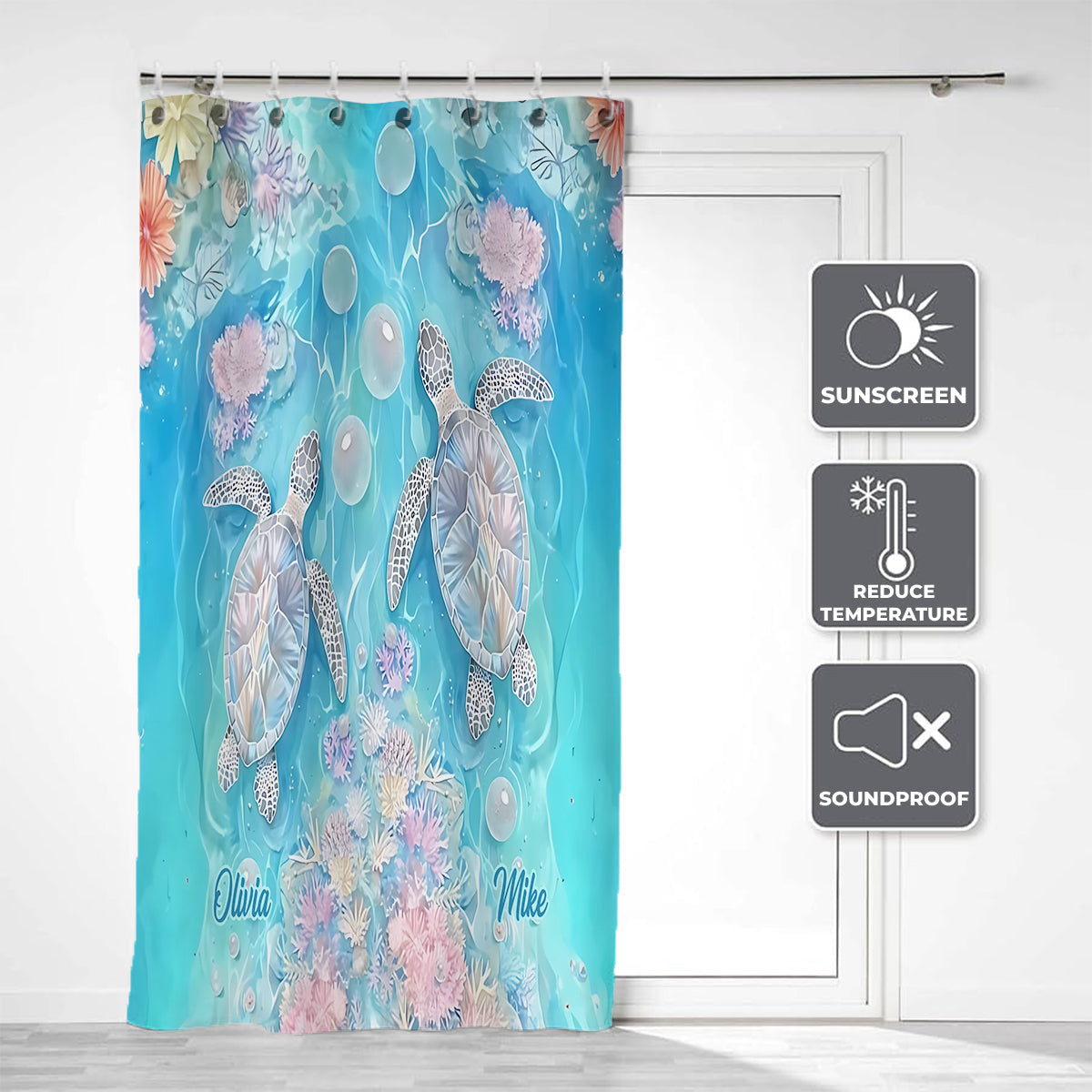 Vibrant Sea Turtle & Coral Reef - Personalized Turtle Blackout Window Curtain/ Drapes Set