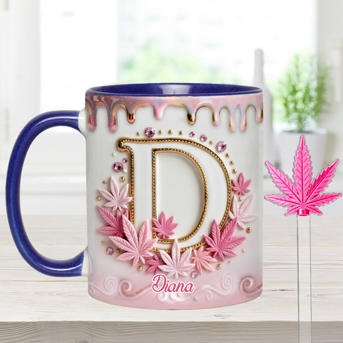 Mug Magic Leaf personnalisé avec initiale - Mug décoratif sur le thème du cannabis, avec agitateurs en acrylique