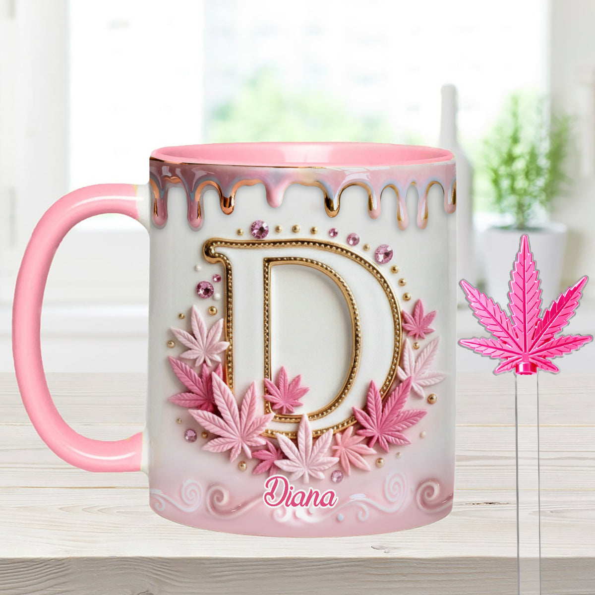 Mug Magic Leaf personnalisé avec initiale - Mug décoratif sur le thème du cannabis, avec agitateurs en acrylique
