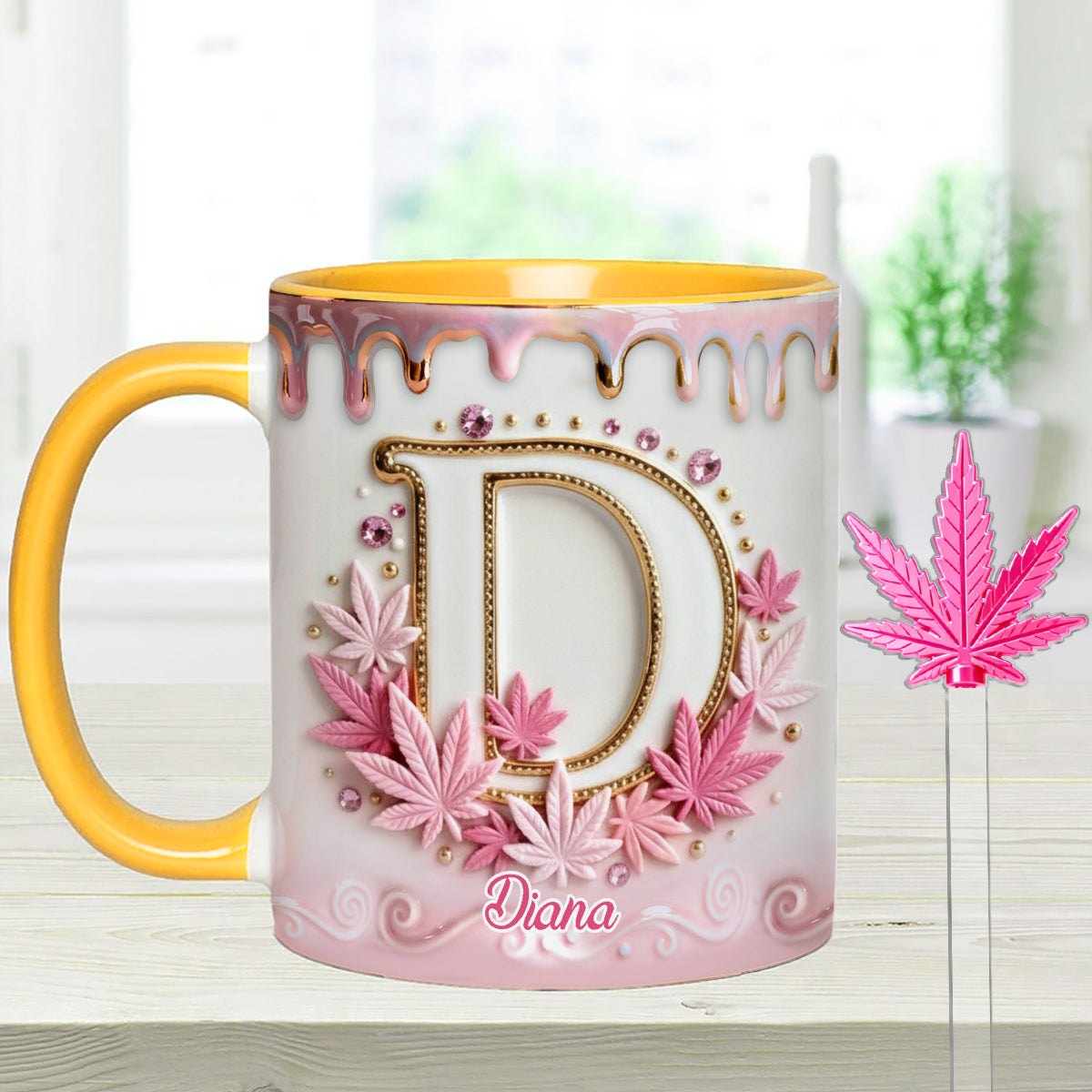 Mug Magic Leaf personnalisé avec initiale - Mug décoratif sur le thème du cannabis, avec agitateurs en acrylique