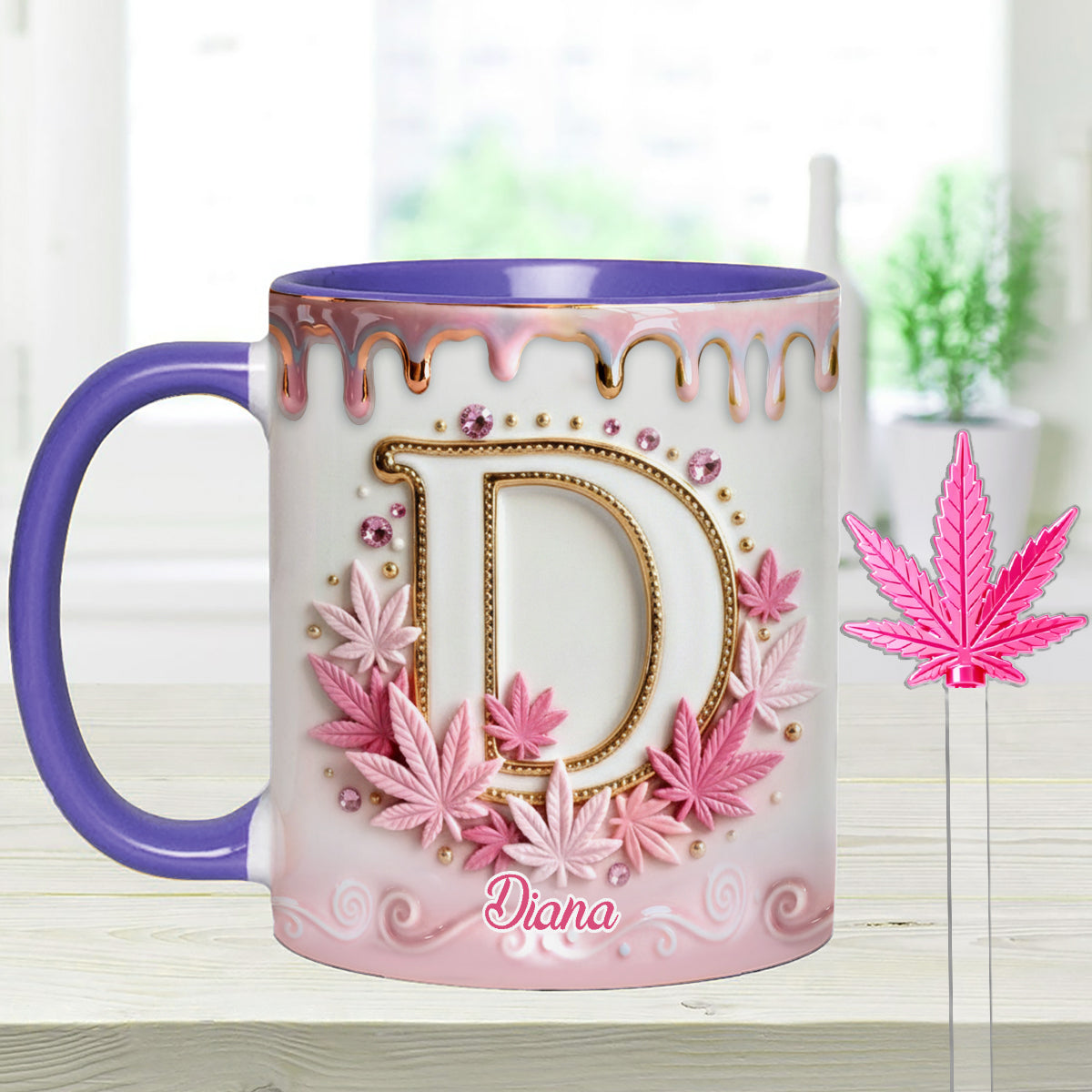 Mug Magic Leaf personnalisé avec initiale - Mug décoratif sur le thème du cannabis, avec agitateurs en acrylique