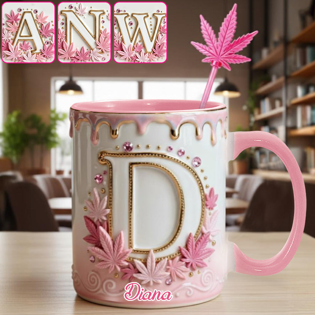 Mug Magic Leaf personnalisé avec initiale - Mug décoratif sur le thème du cannabis, avec agitateurs en acrylique