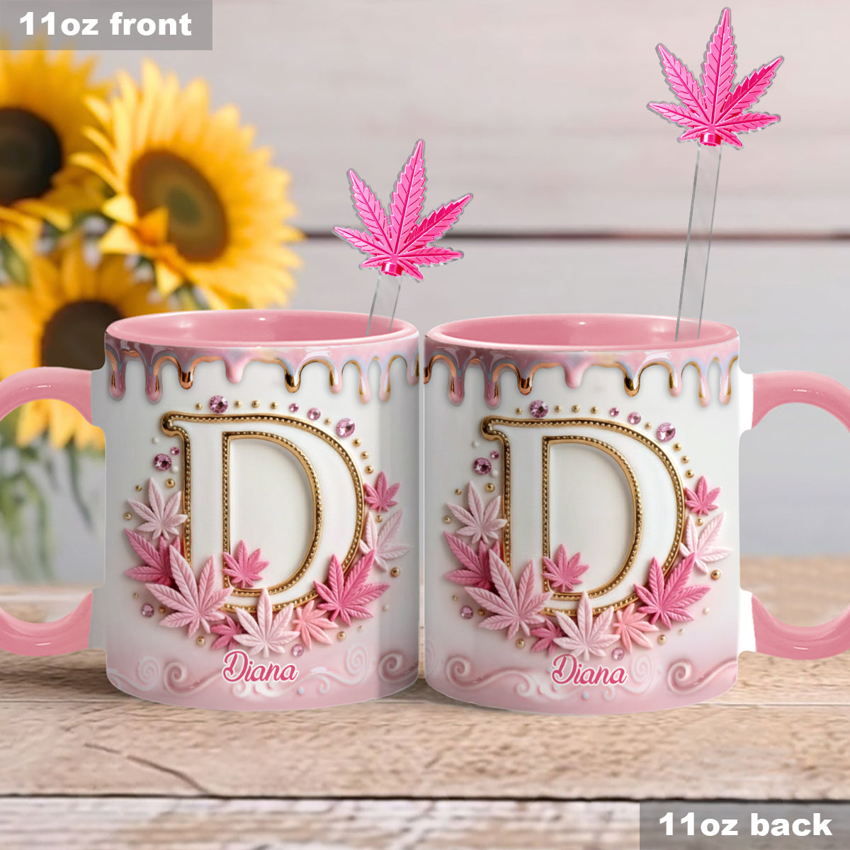 Mug Magic Leaf personnalisé avec initiale - Mug décoratif sur le thème du cannabis, avec agitateurs en acrylique