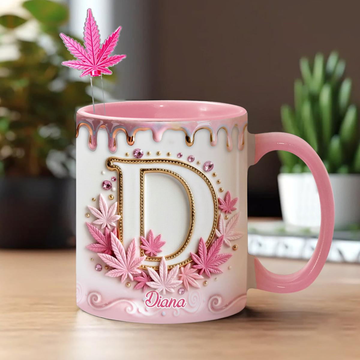 Mug Magic Leaf personnalisé avec initiale - Mug décoratif sur le thème du cannabis, avec agitateurs en acrylique