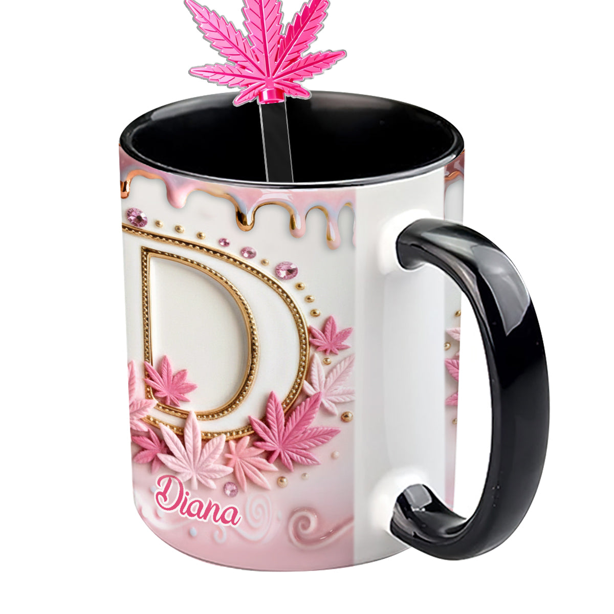 Mug Magic Leaf personnalisé avec initiale - Mug décoratif sur le thème du cannabis, avec agitateurs en acrylique