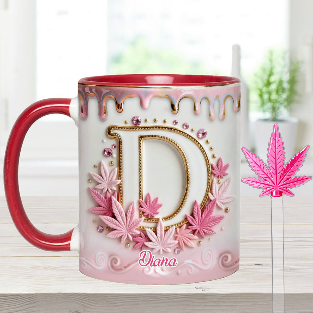 Mug Magic Leaf personnalisé avec initiale - Mug décoratif sur le thème du cannabis, avec agitateurs en acrylique