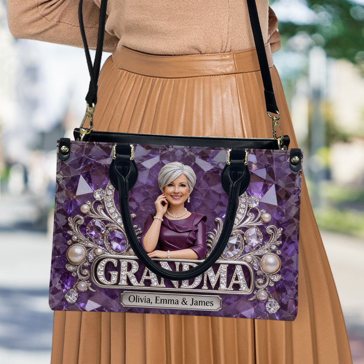 Custom Any Photo Gift For Mom/Grandma - Personalized Mother Leather Handbag