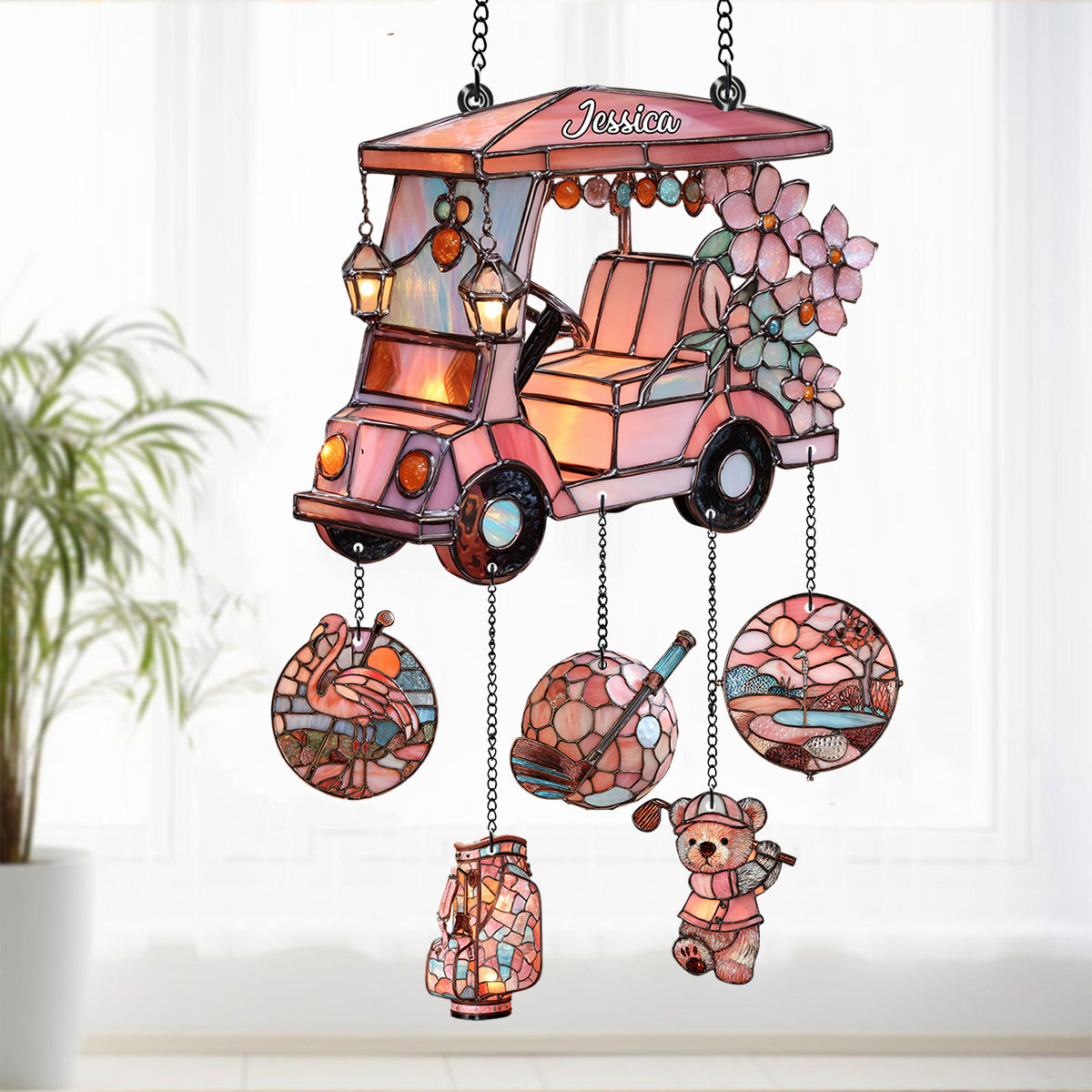 Voiturette de golf - Attrape-soleil personnalisé à suspendre à la fenêtre avec breloques