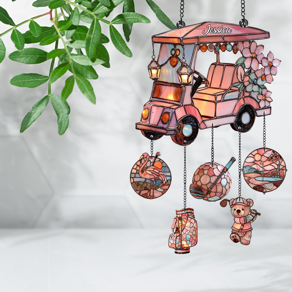 Voiturette de golf - Attrape-soleil personnalisé à suspendre à la fenêtre avec breloques