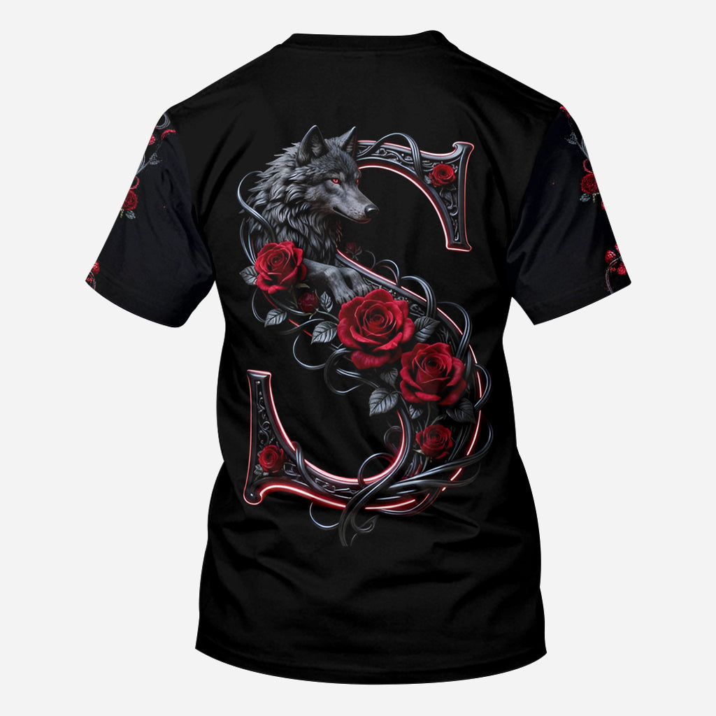 Loup et roses, personnalisation initiale - T-shirt personnalisé avec loup intégral