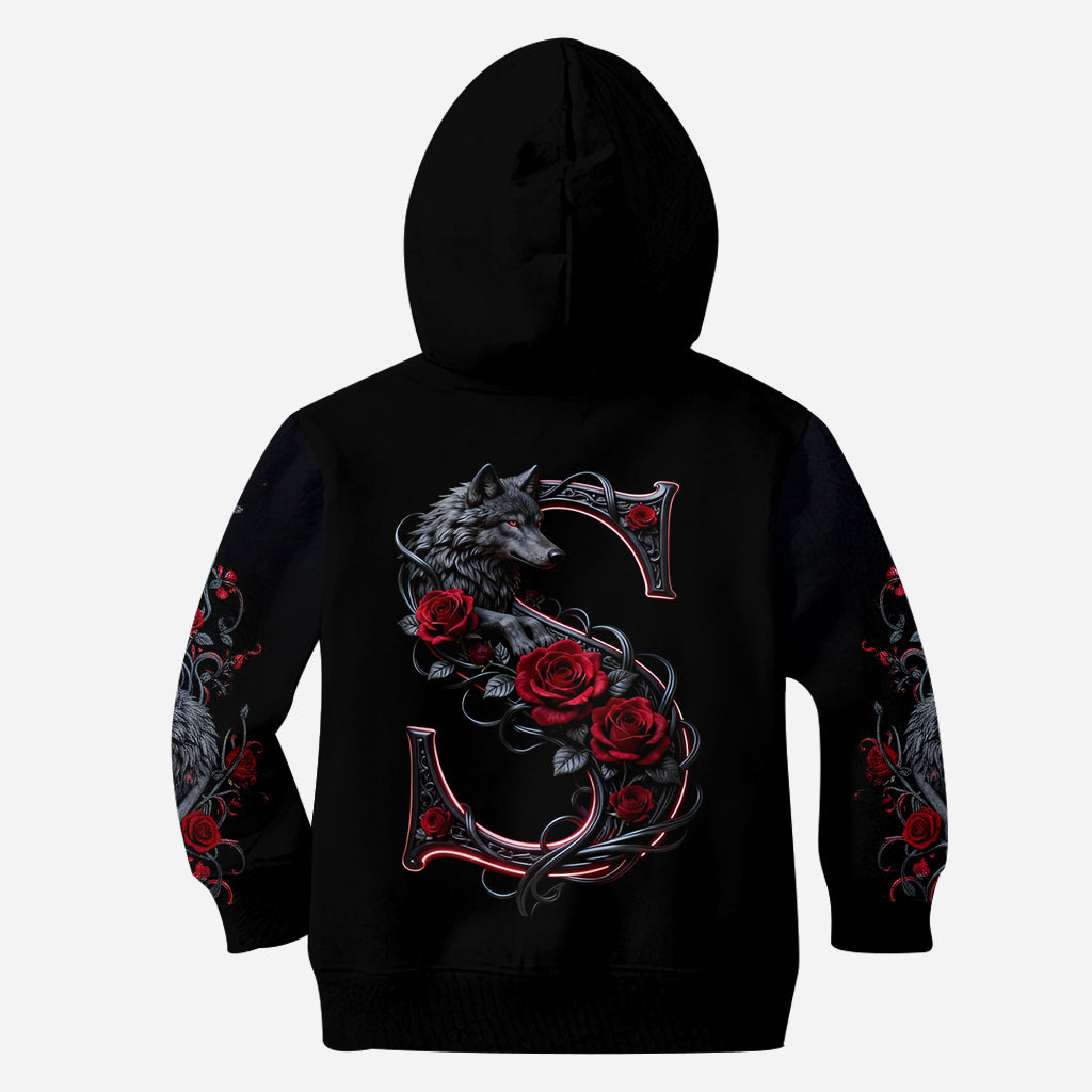 Loup et roses, personnalisation initiale - T-shirt personnalisé avec loup intégral