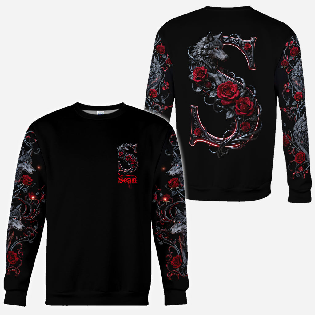 Loup et roses, personnalisation initiale - T-shirt personnalisé avec loup intégral