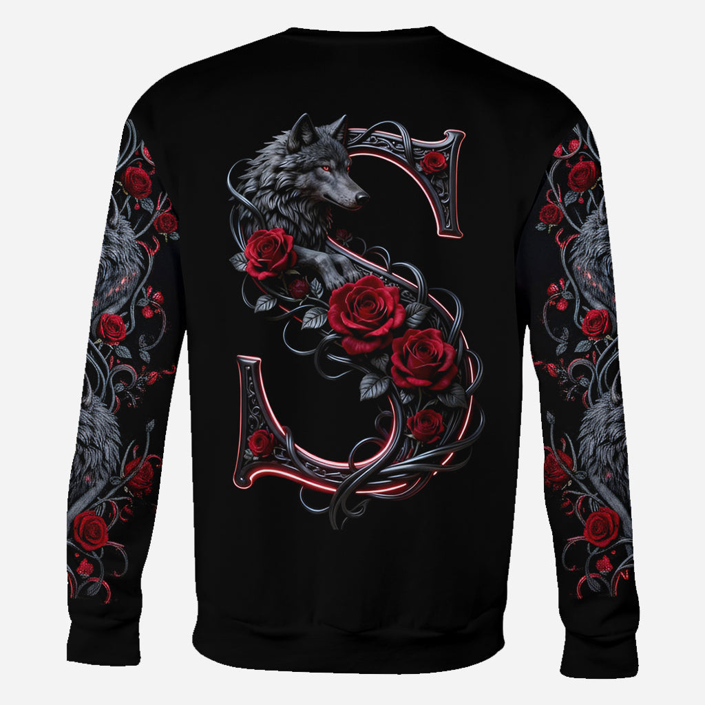 Loup et roses, personnalisation initiale - T-shirt personnalisé avec loup intégral