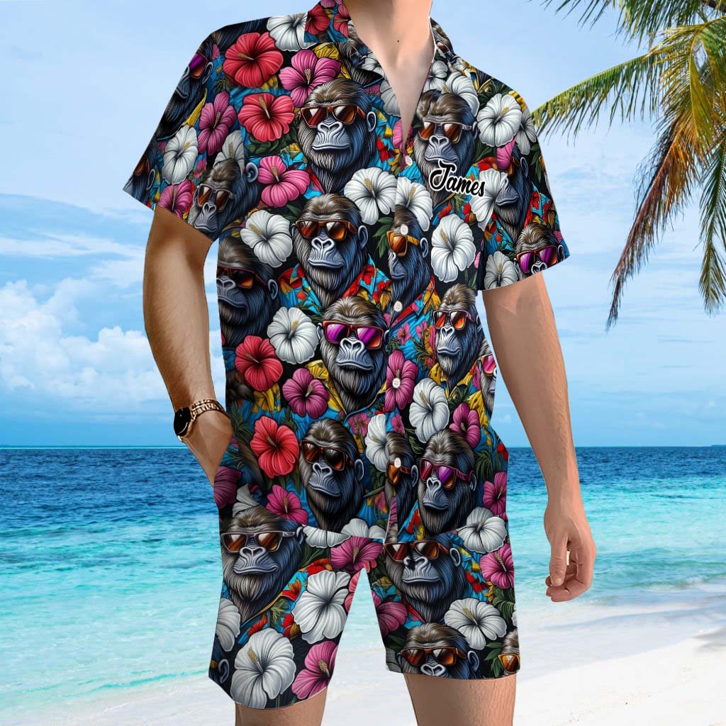 Ambiance estivale Bigfoot - Chemise hawaïenne de randonnée personnalisée et short pour homme