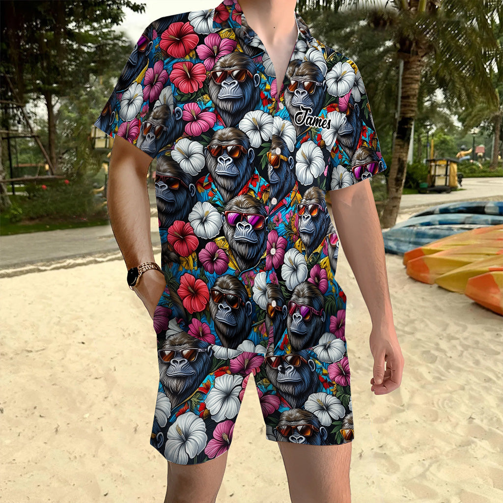 Ambiance estivale Bigfoot - Chemise hawaïenne de randonnée personnalisée et short pour homme