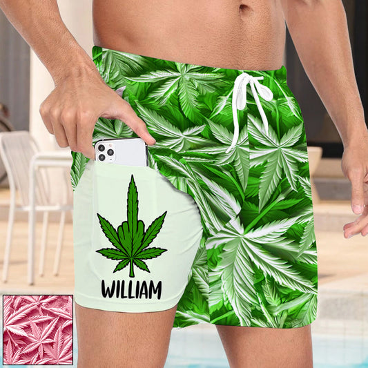 Été vert - Maillot de bain homme personnalisé motif cannabis avec doublure