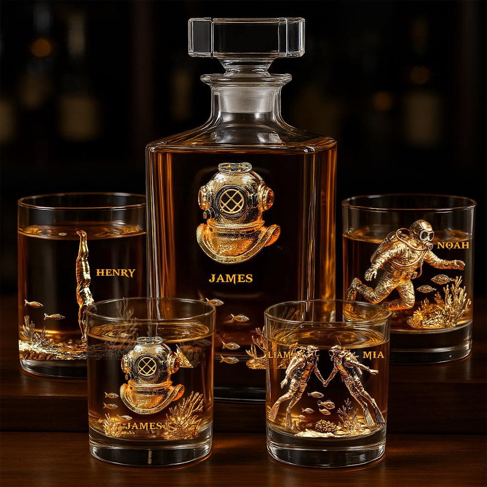 Cadeau pour les passionnés de plongée sous-marine - Coffret carafe à whisky personnalisée sur le thème de la plongée