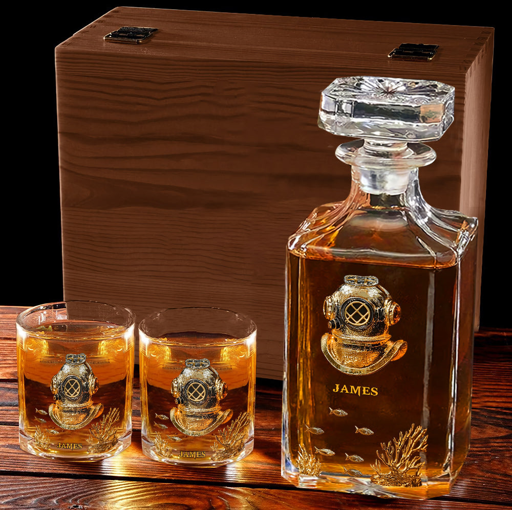 Cadeau pour les passionnés de plongée sous-marine - Coffret carafe à whisky personnalisée sur le thème de la plongée