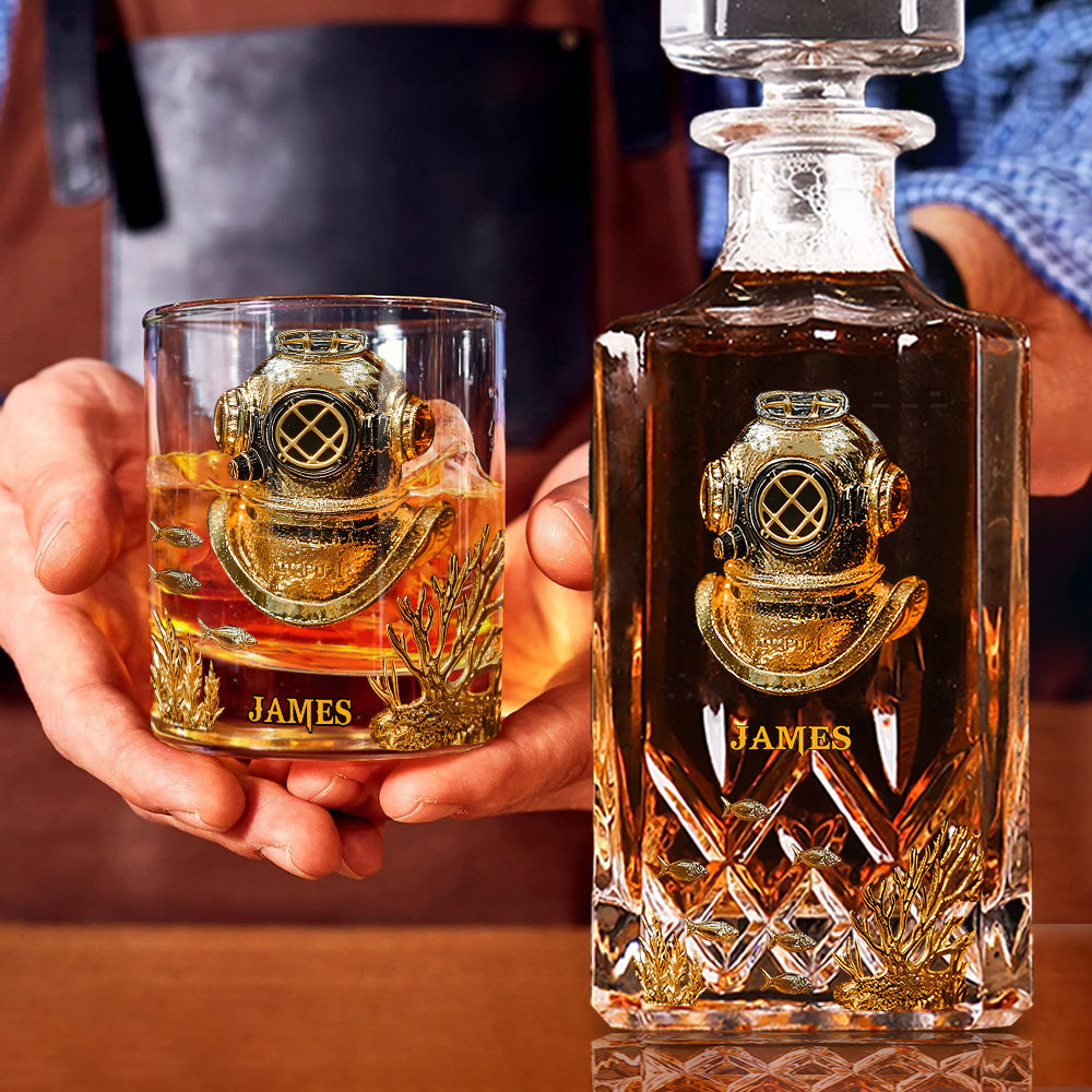 Cadeau pour les passionnés de plongée sous-marine - Coffret carafe à whisky personnalisée sur le thème de la plongée