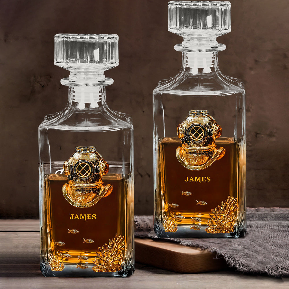 Cadeau pour les passionnés de plongée sous-marine - Coffret carafe à whisky personnalisée sur le thème de la plongée
