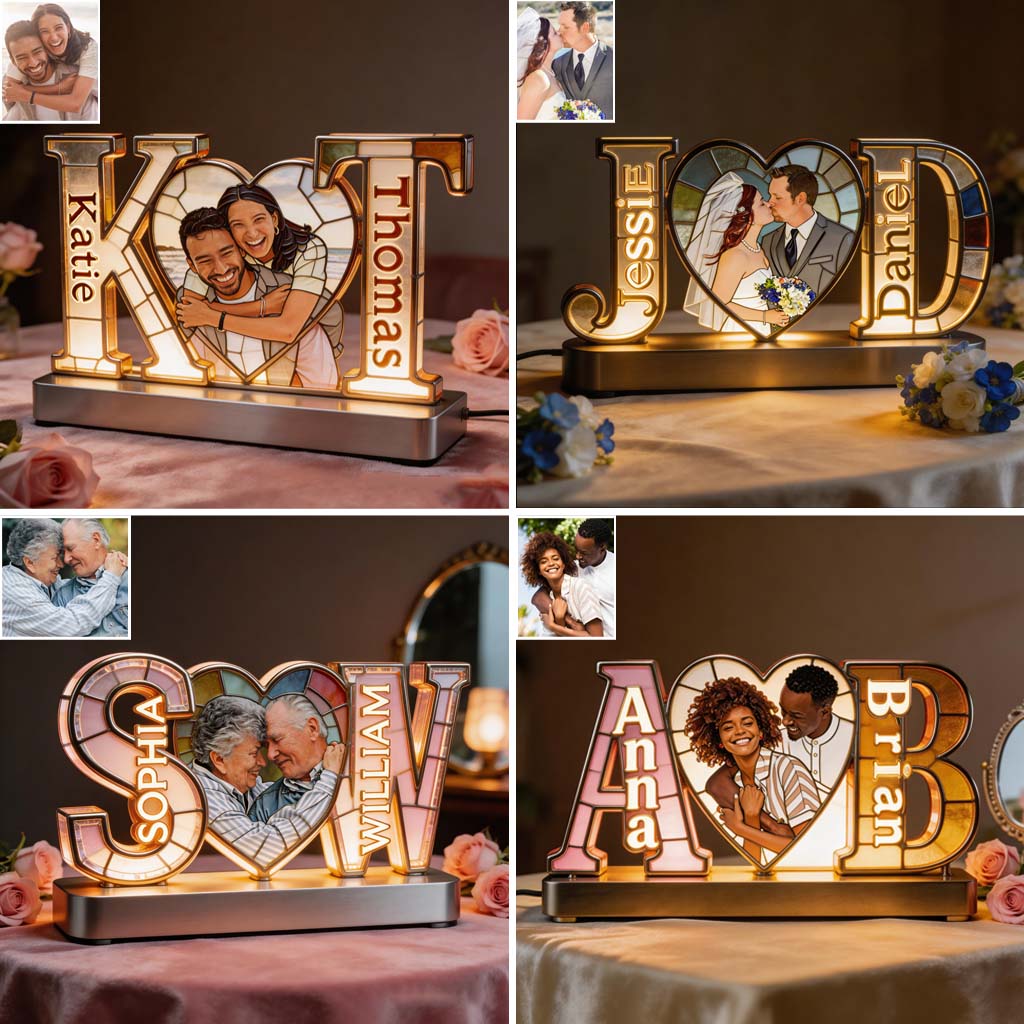 Lampe de Nuit LED Acrylique Personnalisée - Couple avec Photo et Initiales