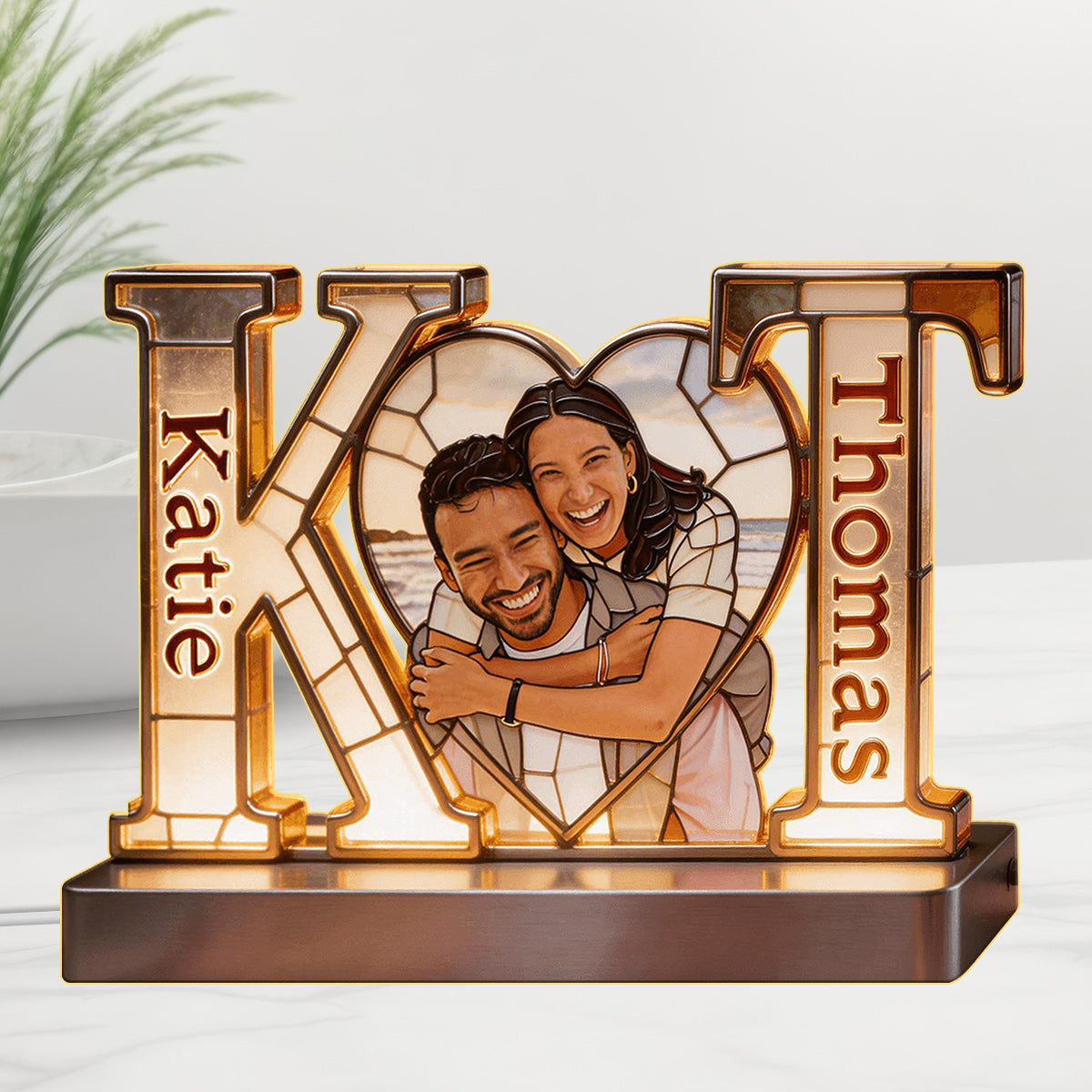 Lampe de Nuit LED Acrylique Personnalisée - Couple avec Photo et Initiales