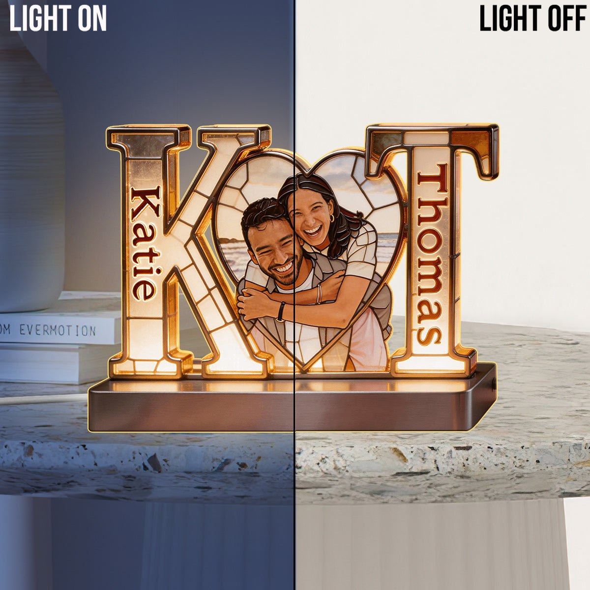 Lampe de Nuit LED Acrylique Personnalisée - Couple avec Photo et Initiales