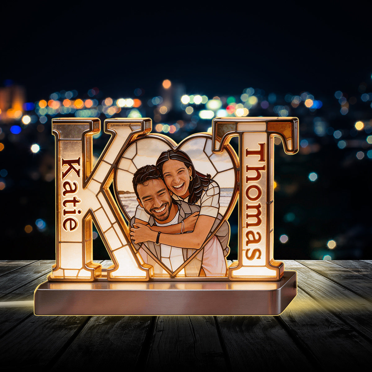 Lampe de Nuit LED Acrylique Personnalisée - Couple avec Photo et Initiales
