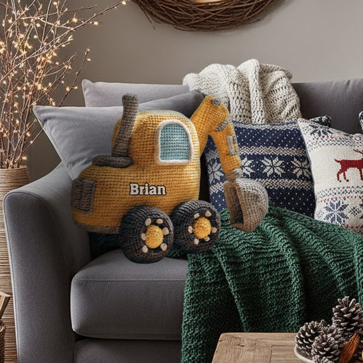 Machine de construction - Coussin personnalisé en fausse fourrure pour enfant