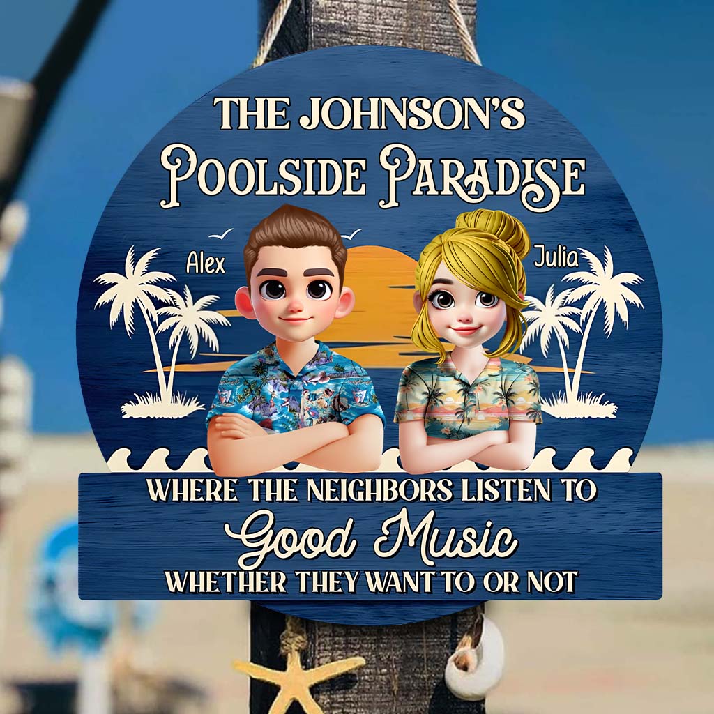 Poolside Paradise - Personalized Couple Custom Shaped Wood Sign