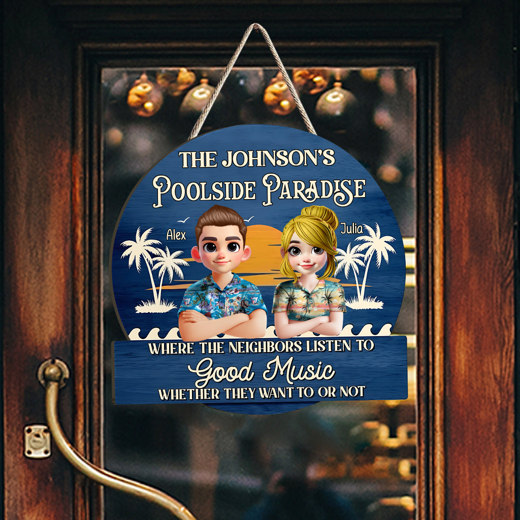 Poolside Paradise - Personalized Couple Custom Shaped Wood Sign