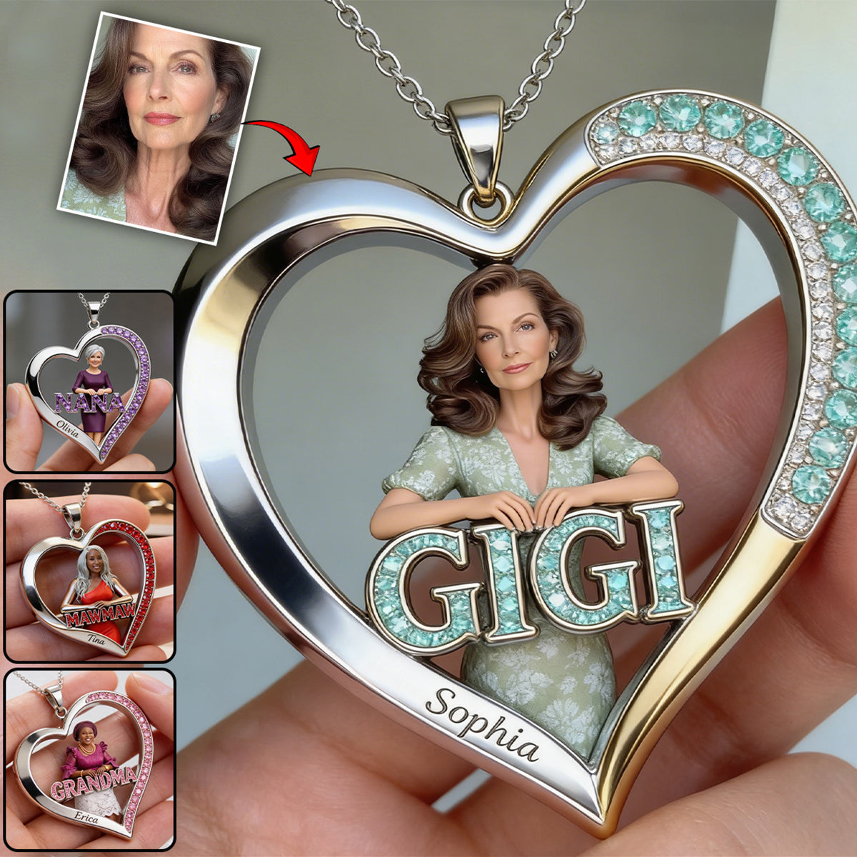 Custom Any Photo Gift For Grandma/Mom - Personalized Grandma Shaped Metal Pendant Necklace